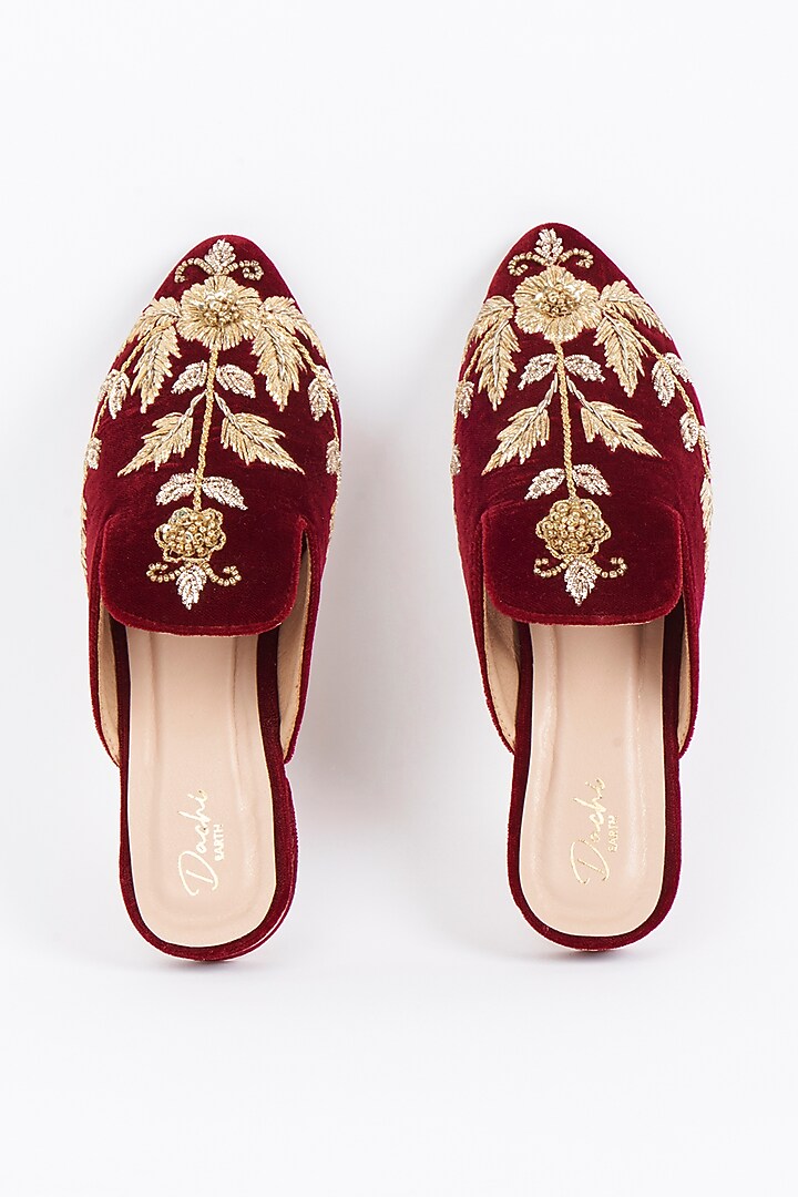 Maroon Velvet Embroidered Mules by Dachi Earth at Pernia's Pop Up Shop