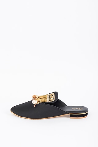 Black Silk Embroidered Mules by Dachi Earth