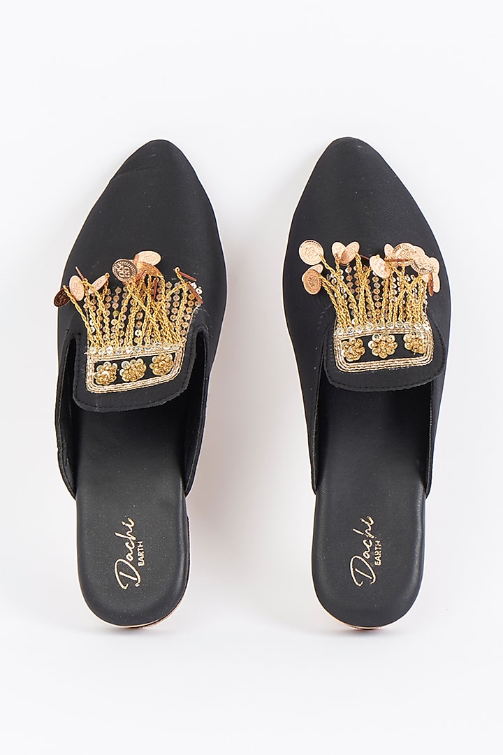 Black Silk Embroidered Mules by Dachi Earth at Pernia's Pop Up Shop