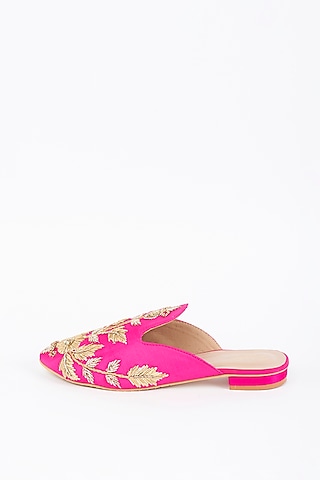 Fuchsia Zardosi Embroidered Mules by Dachi Earth