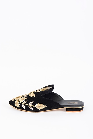 Black Zardosi Embroidered Mules by Dachi Earth