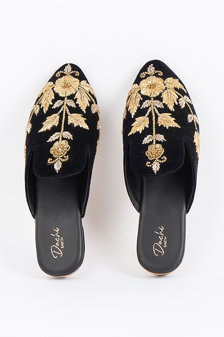 Black Zardosi Embroidered Mules by Dachi Earth at Pernia's Pop Up Shop