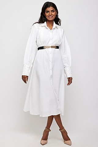 White Hand Embroidered Midi Dress by Daisy Days