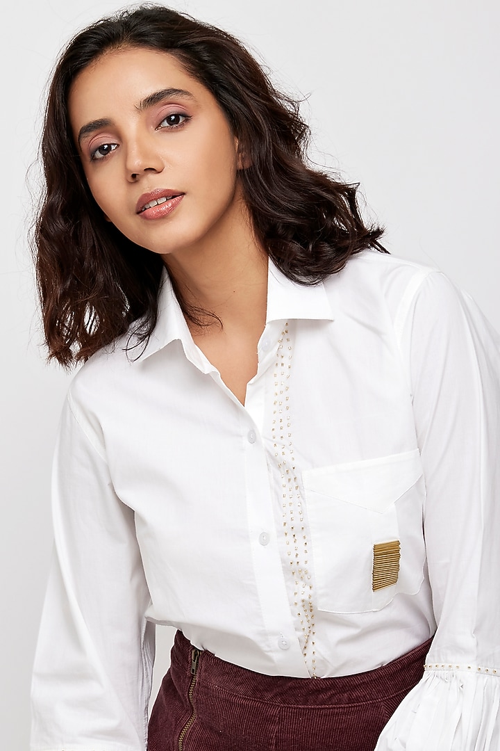 White Hand Embroidered Shirt With Patch Pockets by Daisy Days at Pernia's Pop Up Shop