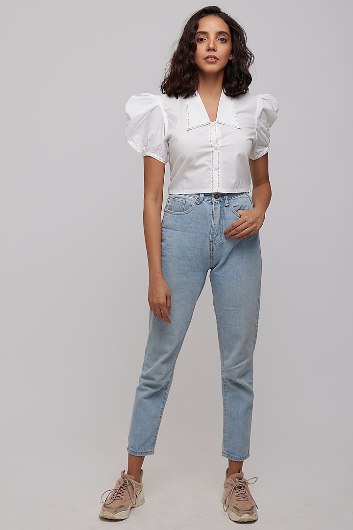 White Hand Embroidered Cropped Shirt by Daisy Days