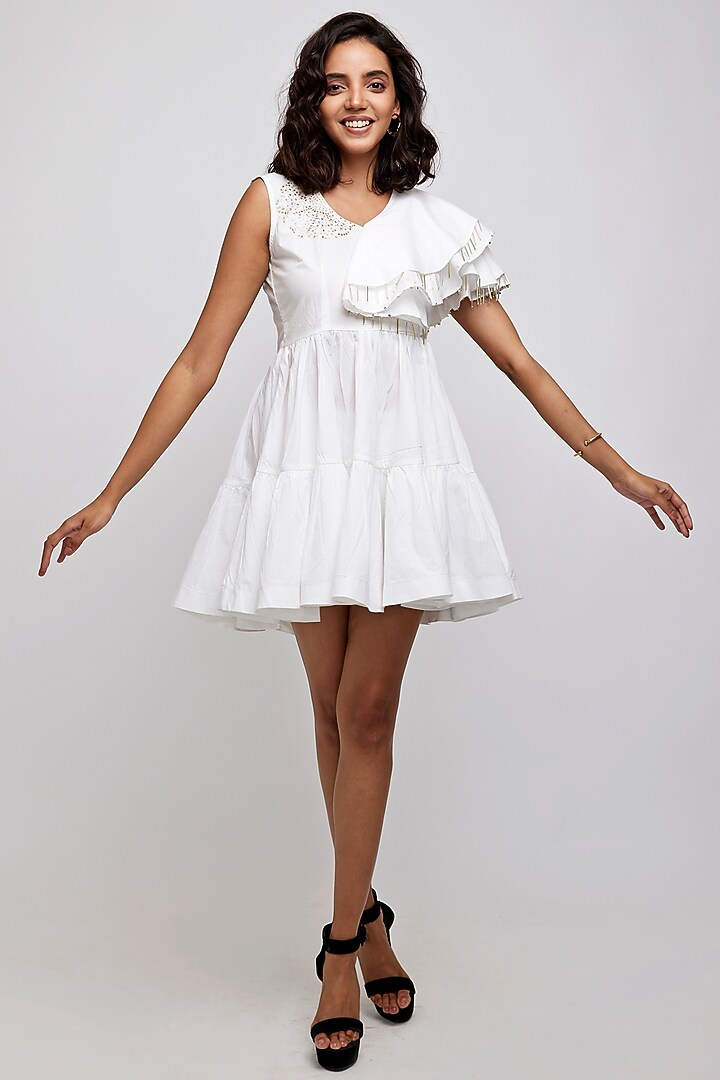 White Hand Embroidered Tiered Summer Dress by Daisy Days at Pernia's Pop Up Shop