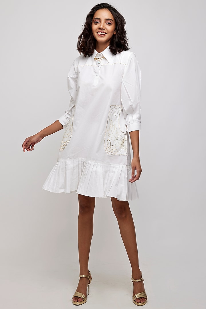 White Embellished Shirt Dress by Daisy Days at Pernia's Pop Up Shop