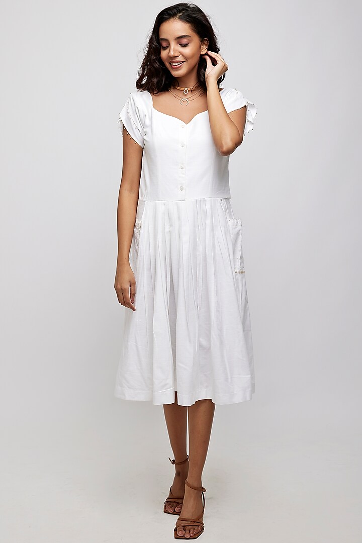 White Cotton Modal Pleated Dress by Daisy Days