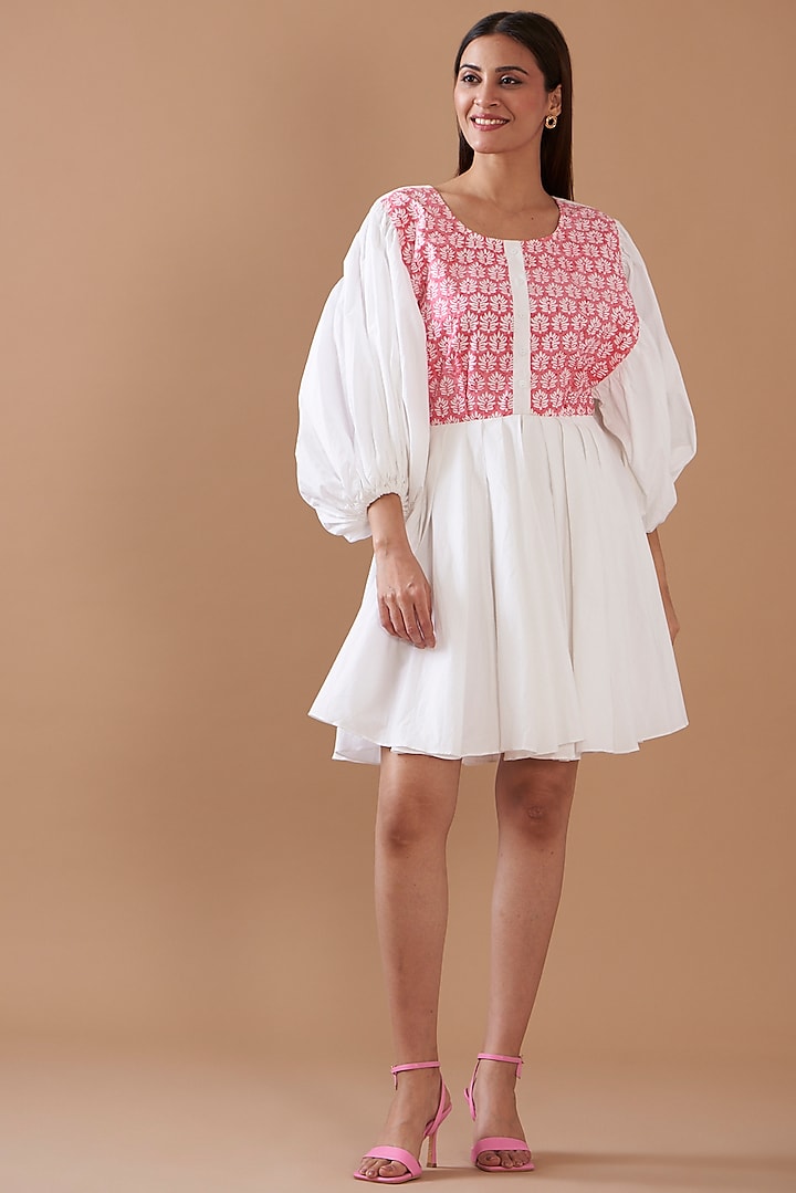 White Cotton Viscose Block Printed Mini Dress by Daisy Days