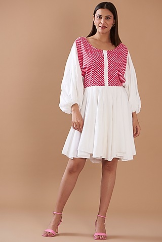 White Cotton Viscose Block Printed Mini Dress by Daisy Days