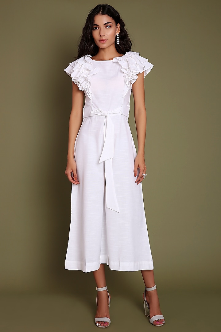 White Pure Cotton Jumpsuit With Flared Sleeves by Daisy Days