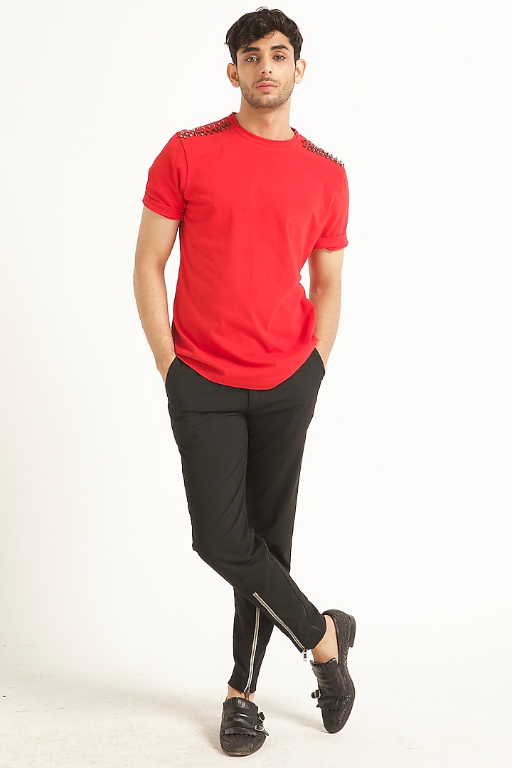 Bright Red Hand Embroidered T-Shirt by Dash and Dot Men