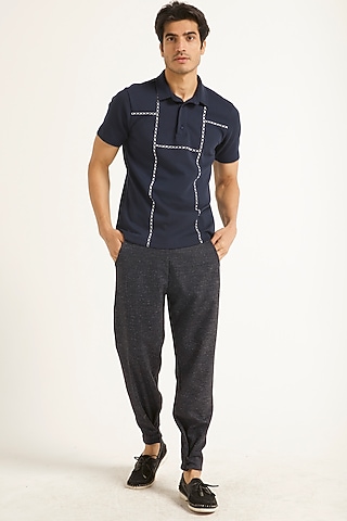 Navy Blue Hand Cross Stitched Polo T-Shirt by Dash and Dot Men