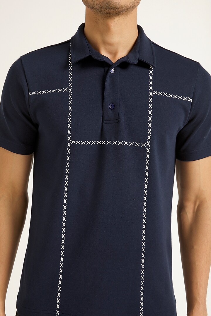 Navy Blue Hand Cross Stitched Polo T-Shirt by Dash and Dot Men at Pernia's Pop Up Shop