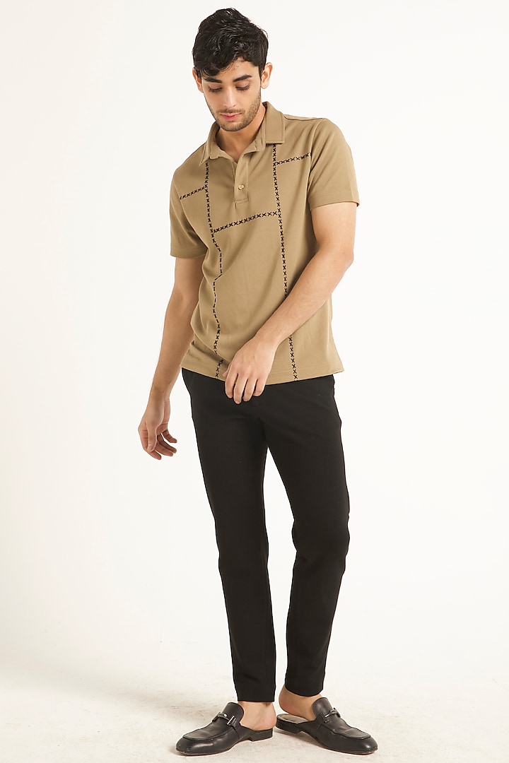 Beige Hand Cross Stitched Polo T-Shirt by Dash and Dot Men