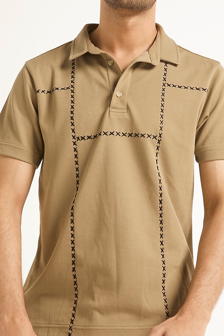 Beige Hand Cross Stitched Polo T-Shirt by Dash and Dot Men at Pernia's Pop Up Shop