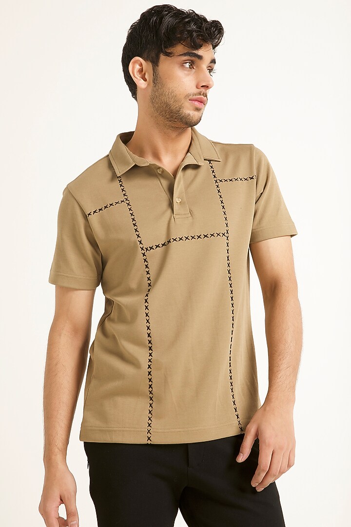 Beige Hand Cross Stitched Polo T-Shirt by Dash and Dot Men at Pernia's Pop Up Shop