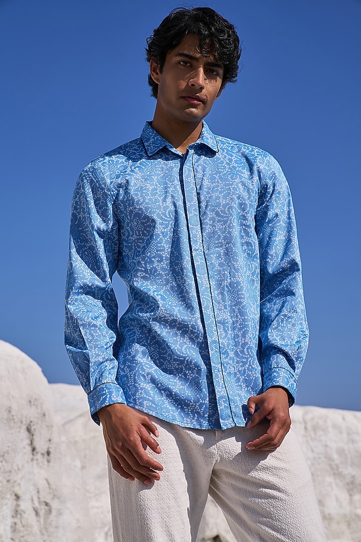 Blue Cotton Printed Summer Shirt by Dash and Dot Men at Pernia's Pop Up Shop