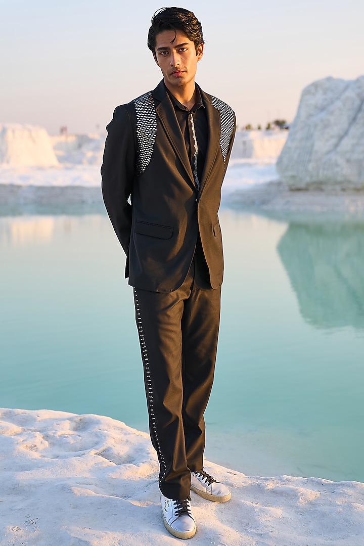 Black Polyester Viscose Embroidered Blazer by Dash and Dot Men
