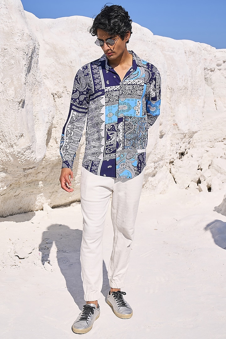 Blue Tencel Printed Shirt by Dash and Dot Men