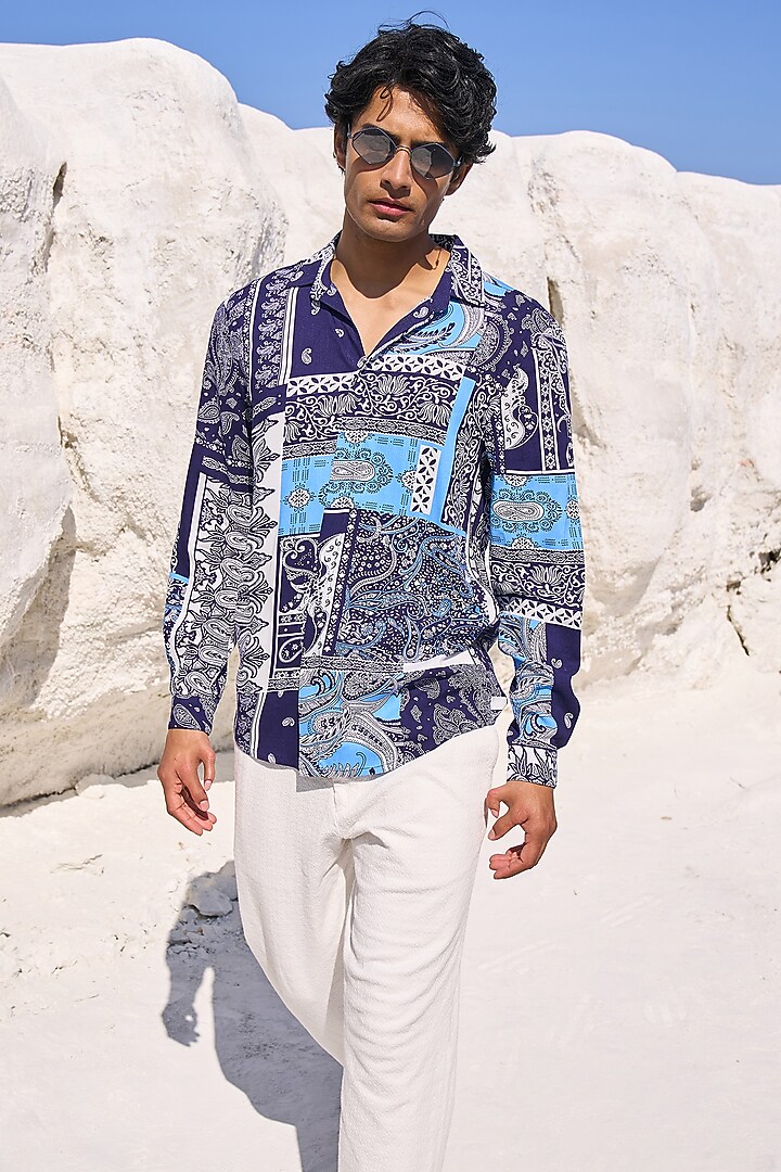 Blue Tencel Printed Summer Shirt by Dash and Dot Men at Pernia's Pop Up Shop
