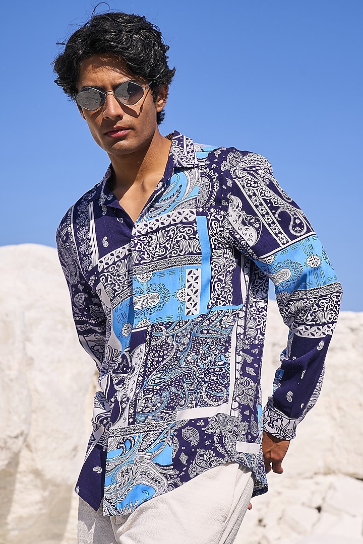 Blue Tencel Printed Summer Shirt by Dash and Dot Men at Pernia's Pop Up Shop