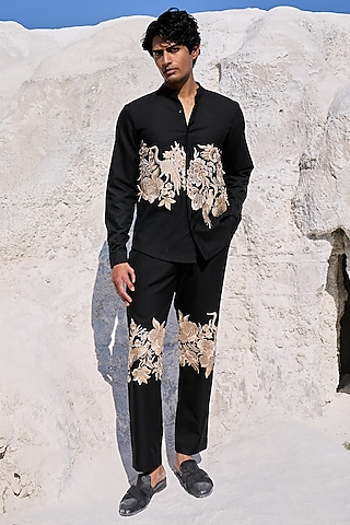 Black Polyester Viscose Embroidered Shirt by Dash and Dot Men