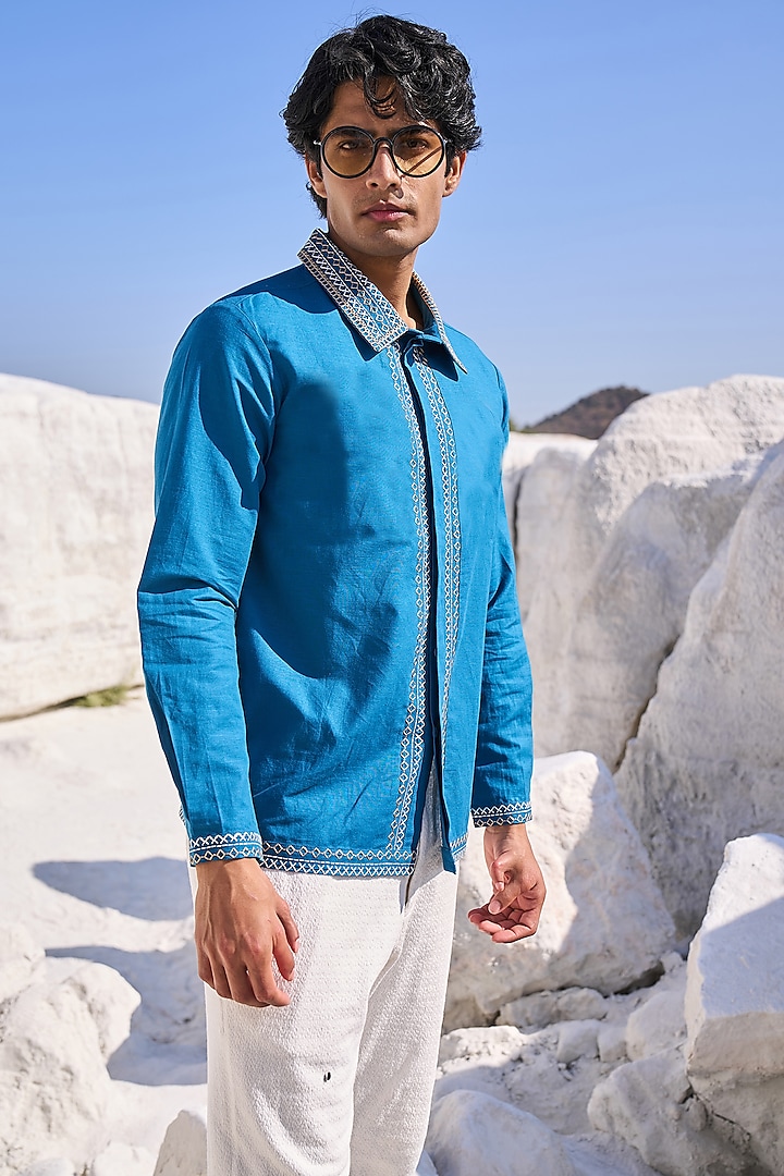 Cerulean Blue Organic Cotton Embroidered Shirt by Dash and Dot Men