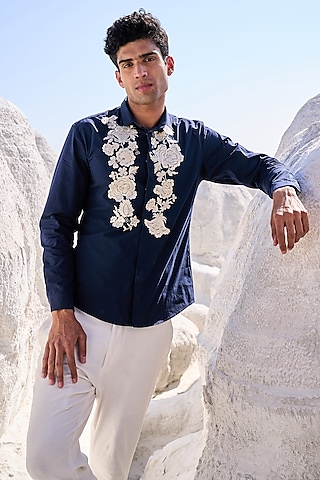 Navy Blue Cotton Embroidered Shirt by Dash and Dot Men