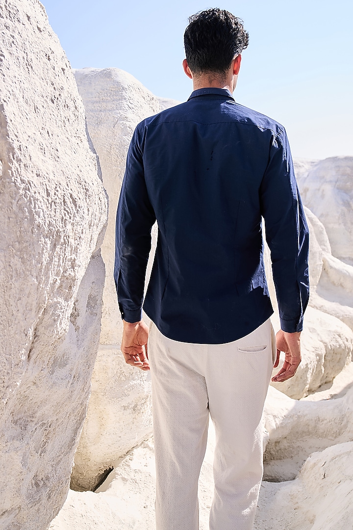 Navy Blue Cotton Embroidered Summer Shirt by Dash and Dot Men at Pernia's Pop Up Shop