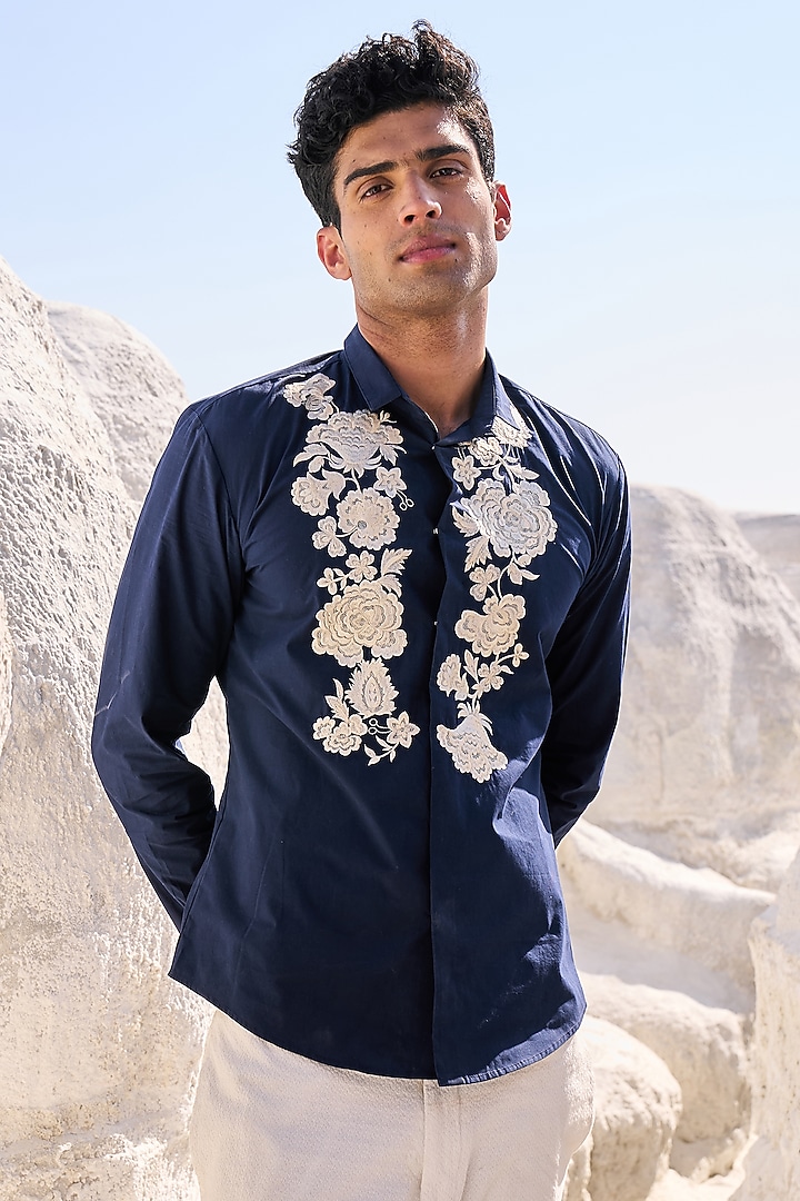 Navy Blue Cotton Embroidered Summer Shirt by Dash and Dot Men at Pernia's Pop Up Shop