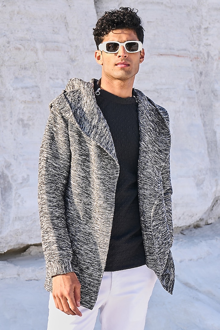 Textured Grey Knitted Hoodie by Dash and Dot Men at Pernia's Pop Up Shop