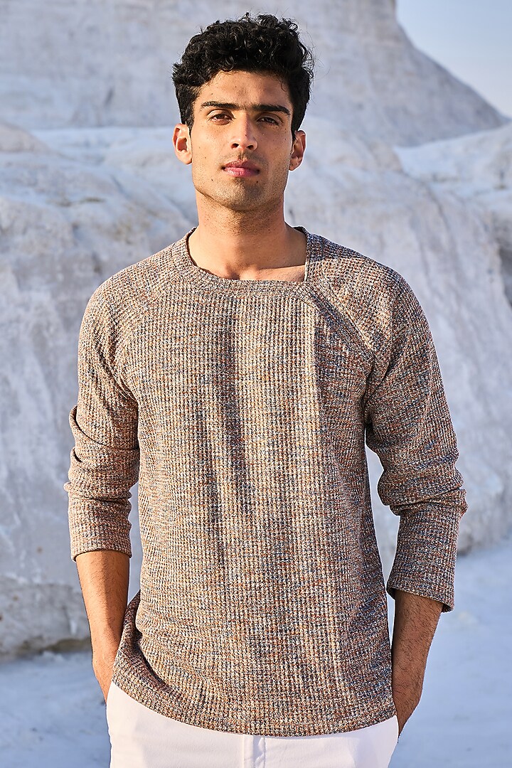 Beige Knitted Fabric T-Shirt by Dash and Dot Men at Pernia's Pop Up Shop