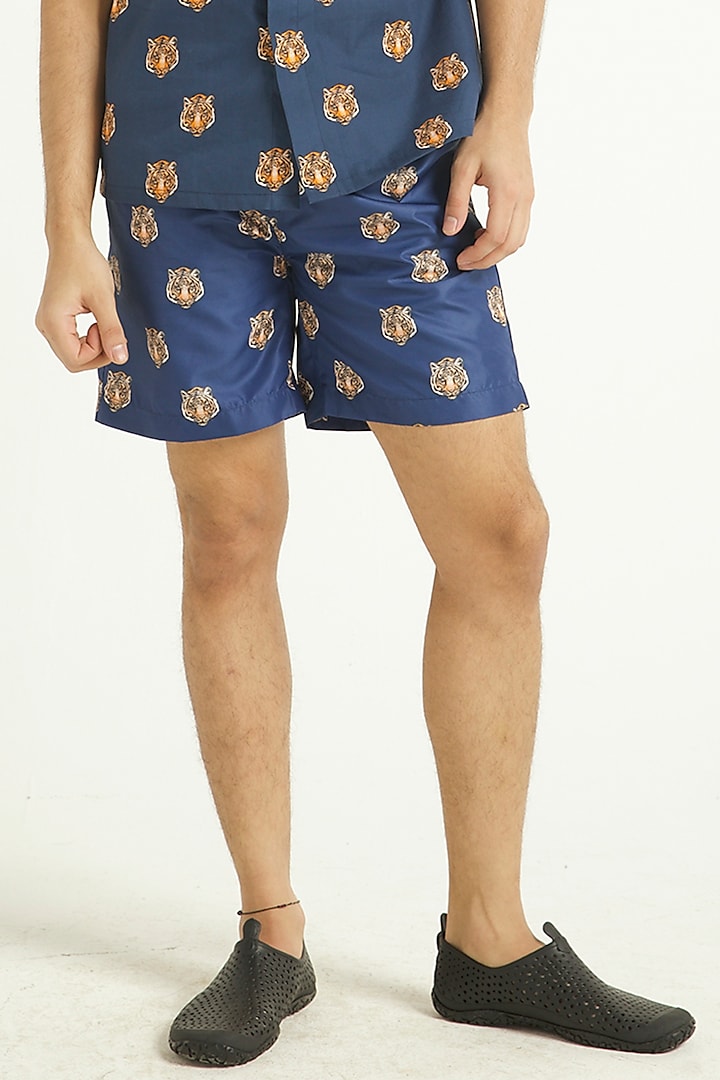 Navy Blue Printed Swim Shorts by Dash and Dot Men