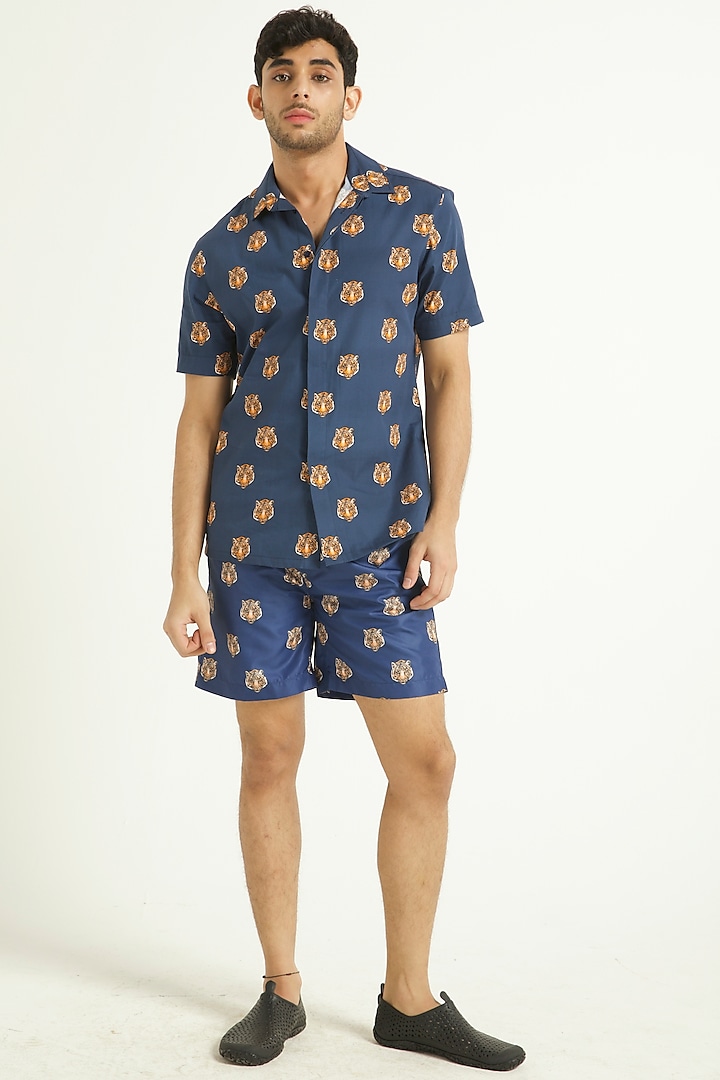 Navy Blue Printed Co-Ord Set by Dash and Dot Men
