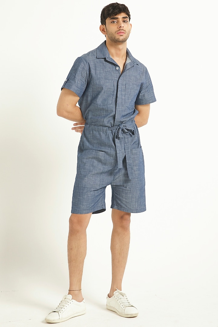 Suede Blue Cotton Playsuit by Dash and Dot Men
