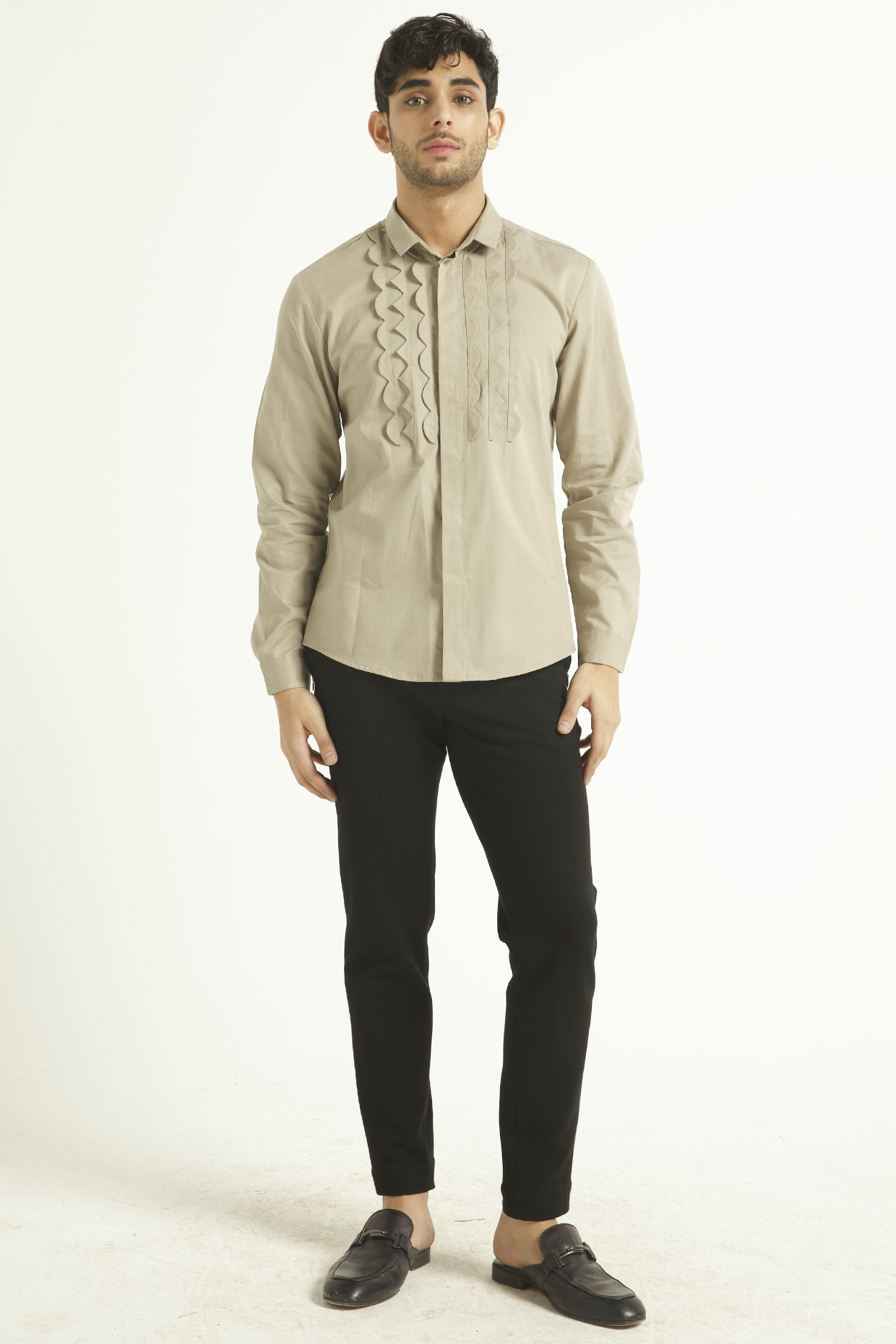 Beige Cotton Poplin Tuxedo Shirt by Dash and Dot Men
