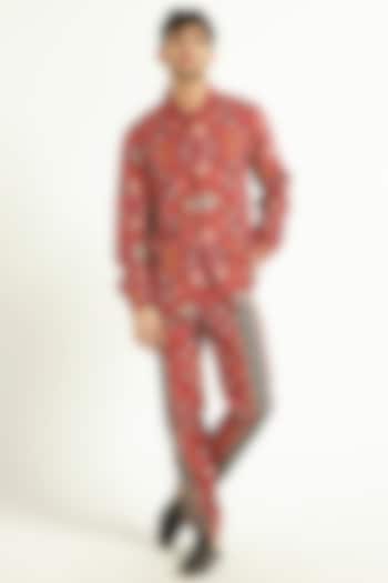 Burnt Red Printed Straight Pant Set by Dash and Dot Men