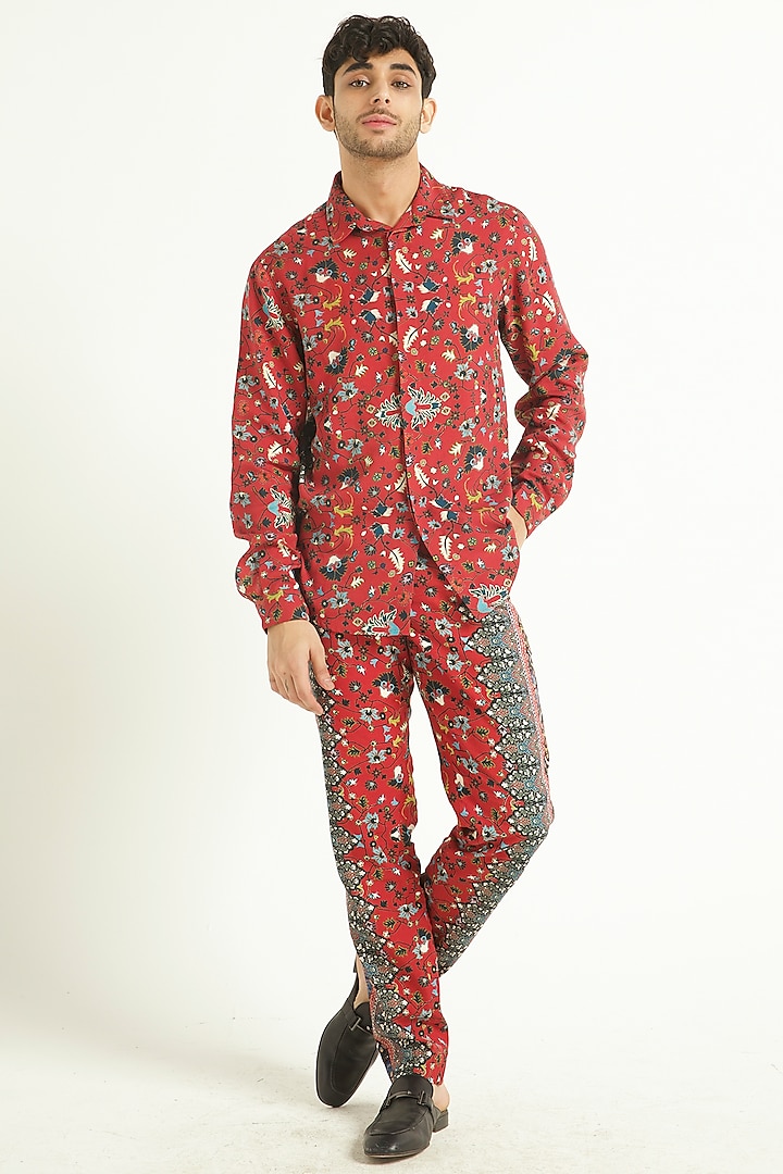 Burnt Red Printed Straight Pant Set by Dash and Dot Men