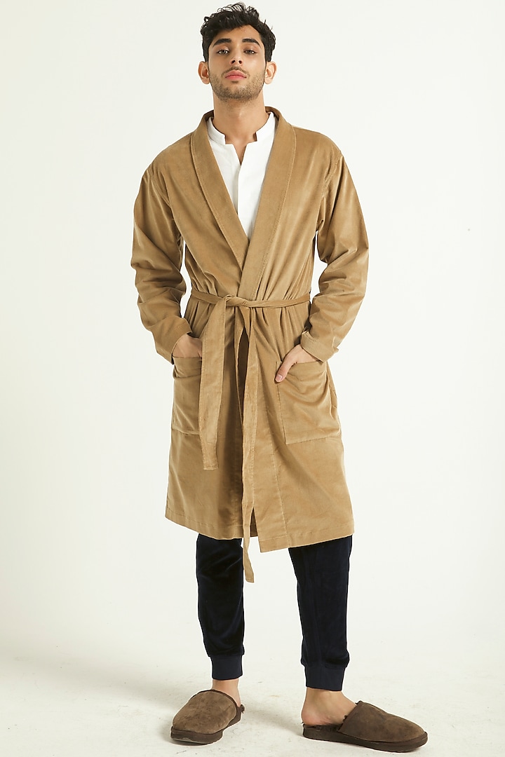 Khaki Corduroy Front-Open Robe by Dash and Dot Men
