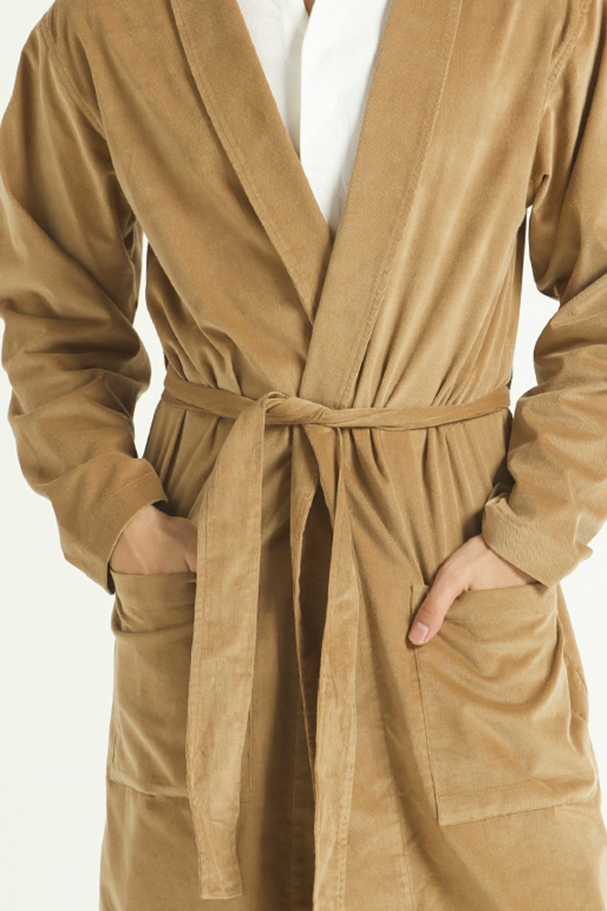 Khaki Corduroy Front Open Robe Design by Dash and Dot Men at