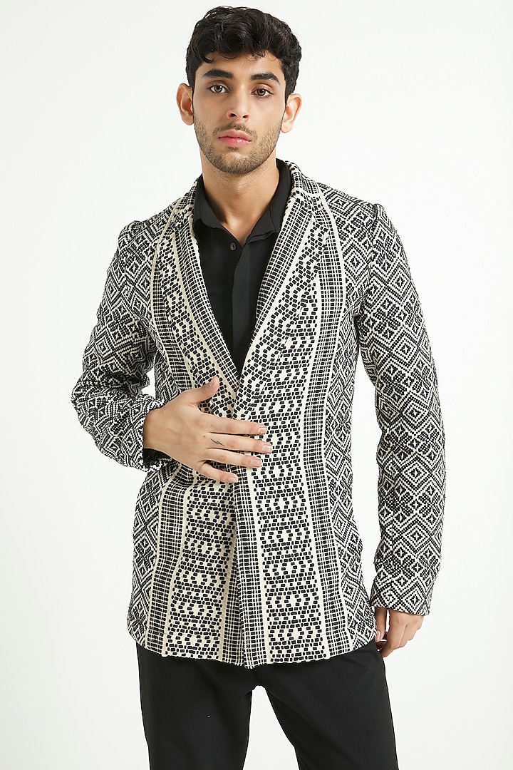 White & Black Cotton Blazer by Dash and Dot Men