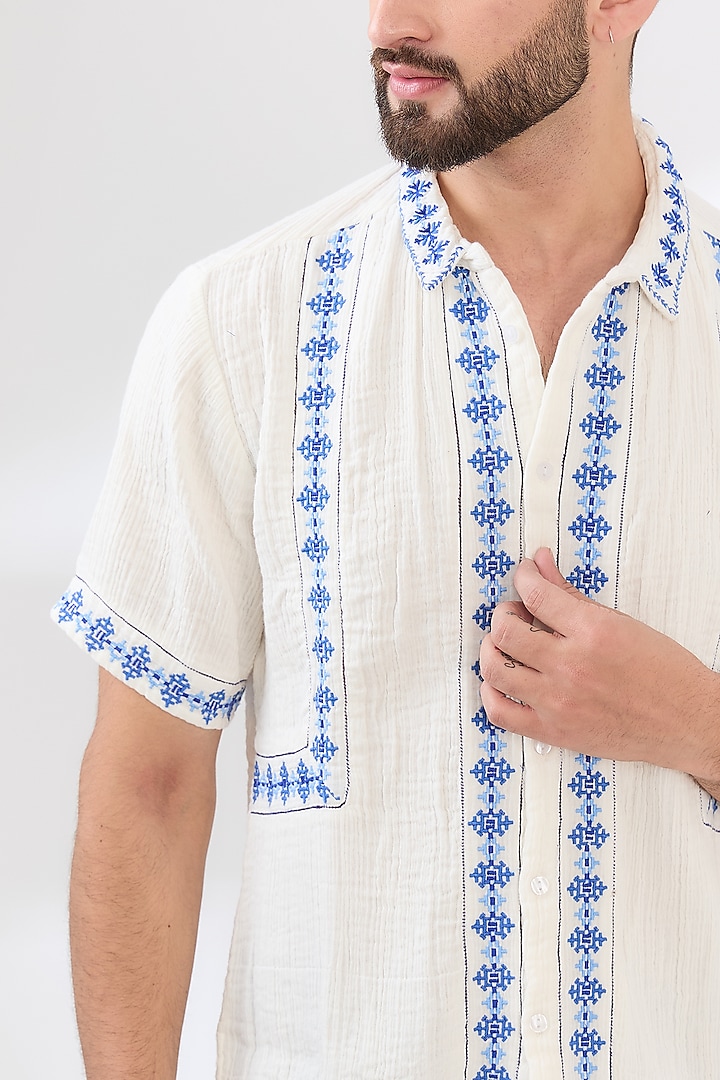 White Organic Cotton Embroidered Summer Shirt by Dash and Dot Men at Pernia's Pop Up Shop