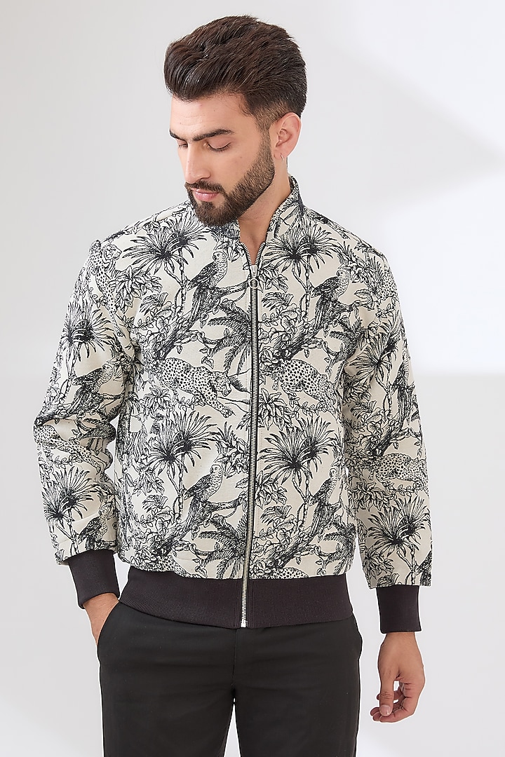 Ivory Jacquard Floral Embroidered Bomber Jacket by Dash and Dot Men