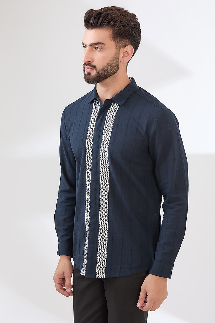 Navy Blue Cotton Machine Embroidered Shirt by Dash and Dot Men