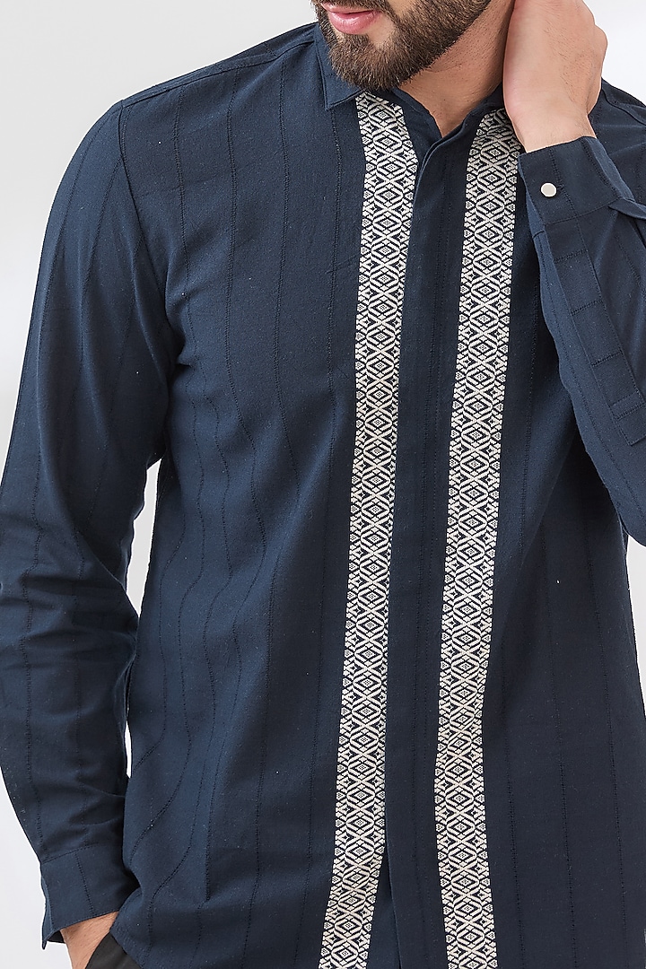 Navy Blue Cotton Machine Embroidered Summer Shirt by Dash and Dot Men at Pernia's Pop Up Shop
