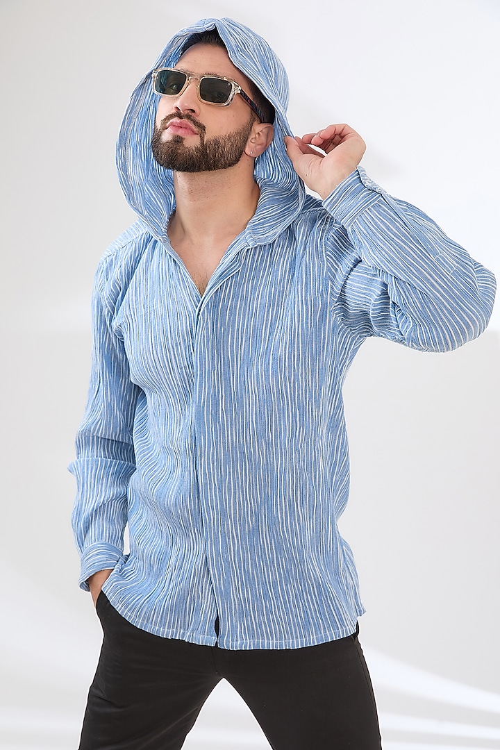 Blue & White Crinkle Cotton Hoodie by Dash and Dot Men at Pernia's Pop Up Shop