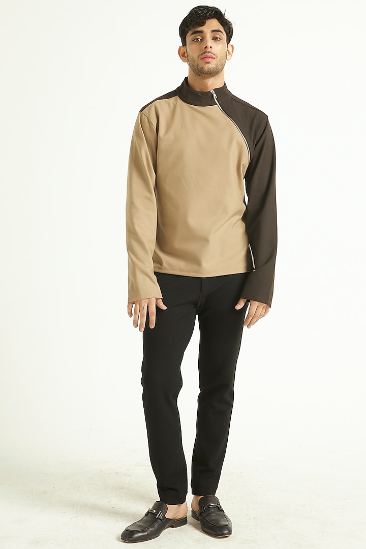 Brown Color Blocked Sweatshirt by Dash and Dot Men