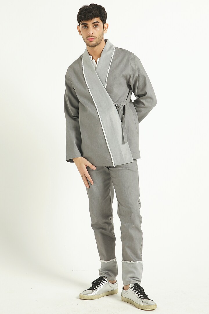 Grey Denim Color-Blocked Jacket Set by Dash and Dot Men