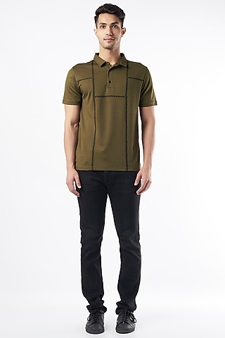 Military Green Recycled Polyester & Elastane Polo T-Shirt by Dash and Dot Men